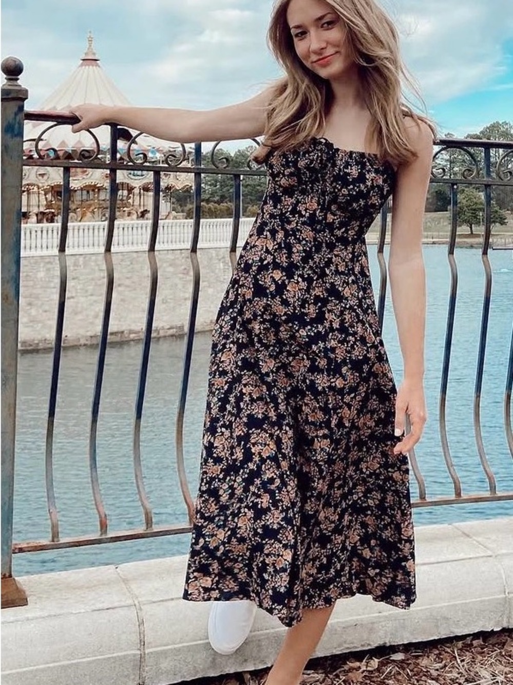 SHEIN Black Floral Smocked Midi Dress with Peach Blossoms